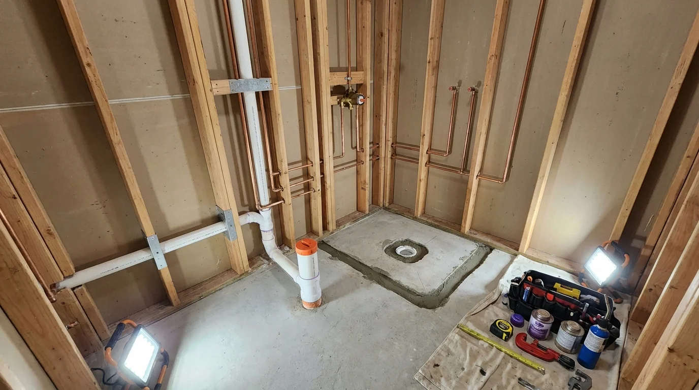 Bathroom rough-in plumbing during remodel by Johns Plumbing LLC in Brookfield