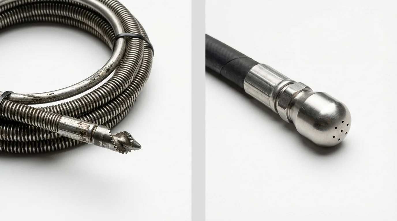 Drain snake cable and hydro jetting nozzle used for drain cleaning in Brookfield, WI