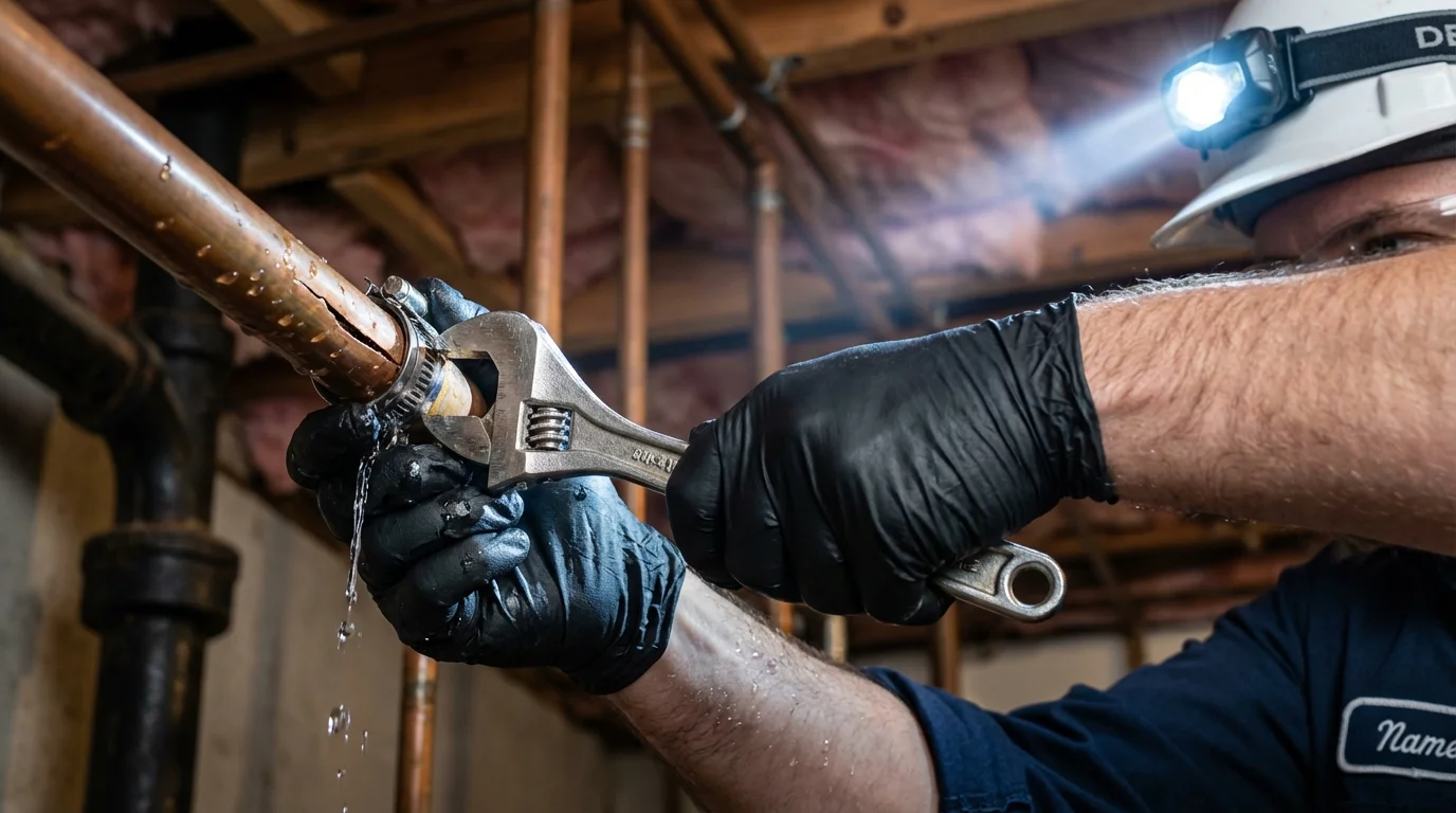 Emergency pipe clamp repair being performed by a Johns Plumbing LLC plumber in Brookfield