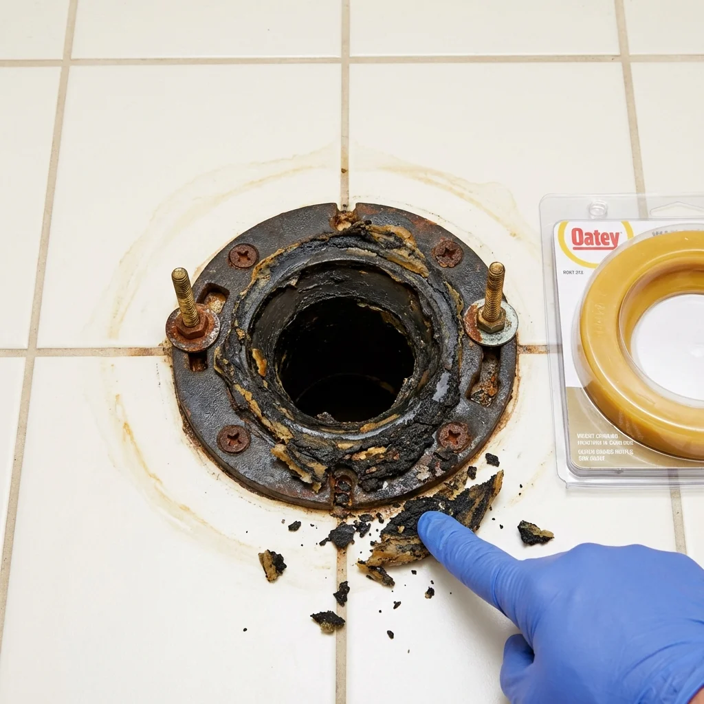 Failed wax ring showing water seepage at the base of a toilet in a Brookfield, WI home