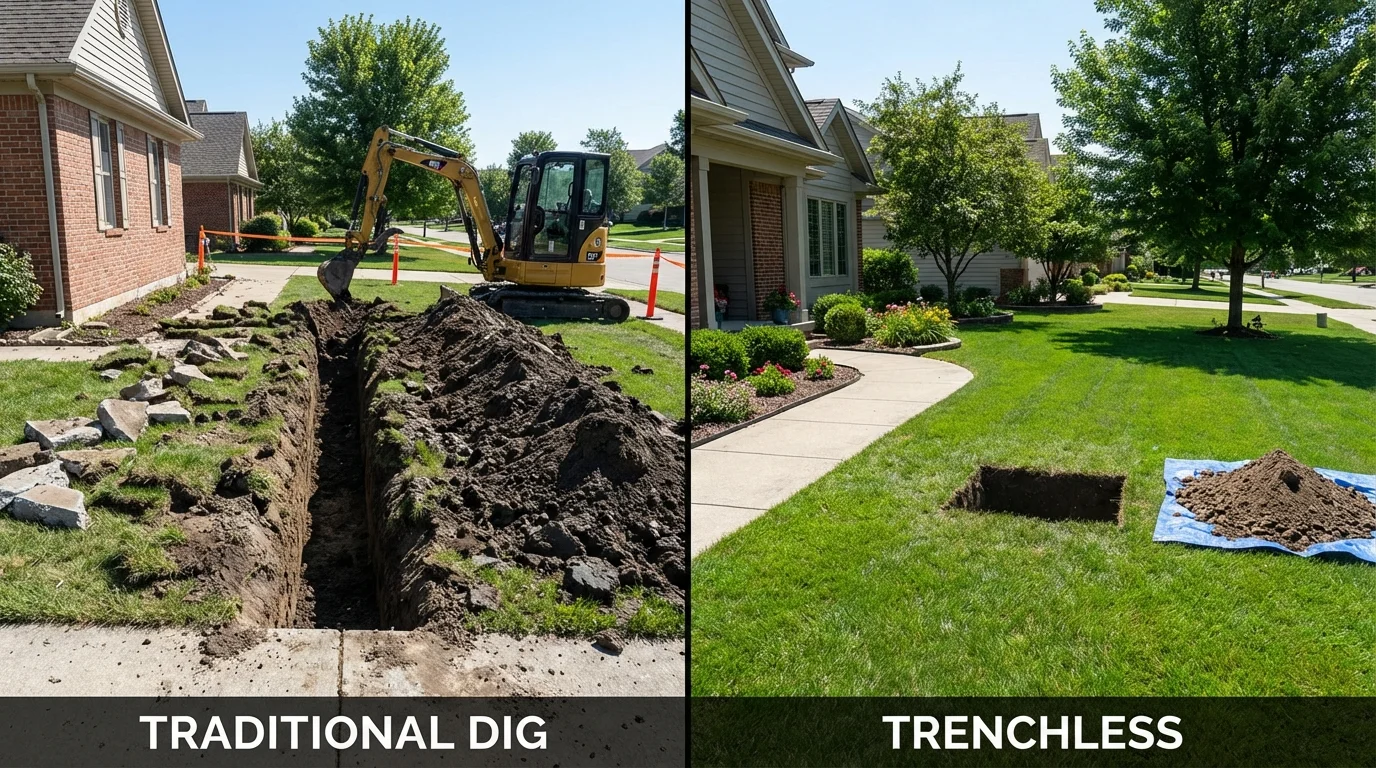 Trenchless sewer repair with minimal yard damage versus traditional excavation in Brookfield, WI