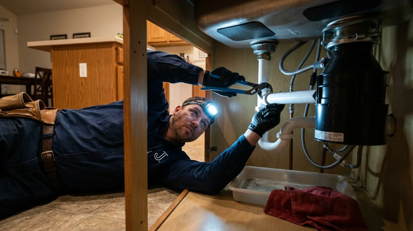 P-trap and supply line connections under a kitchen sink showing a common leak point in Brookfield, WI